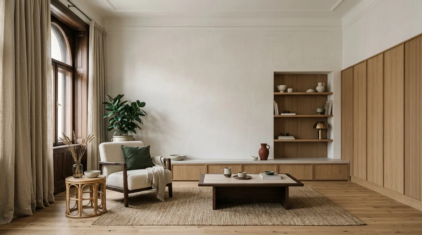 Warm minimalist nappali buklé fotellel, len függönnyel és rattan asztalkával