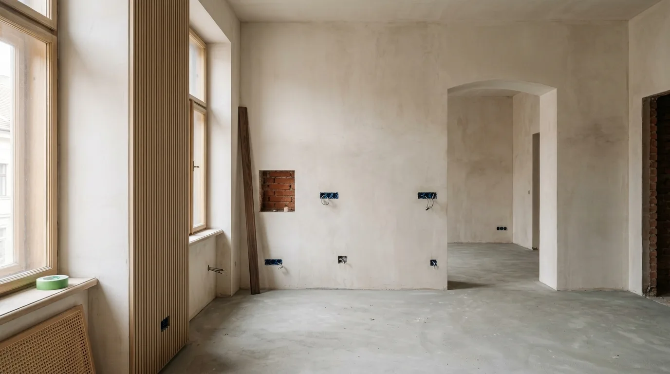 Felújítás alatt álló lakás friss vakolattal és kész aljzattal