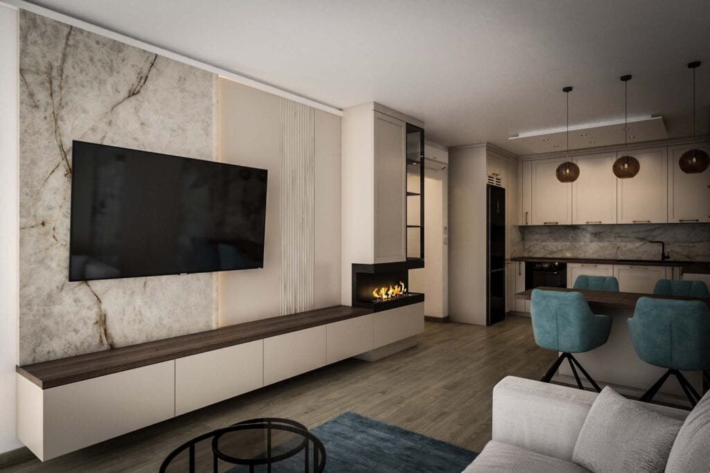 Klasszikus-modern apartman nappalija visszafogott színekkel