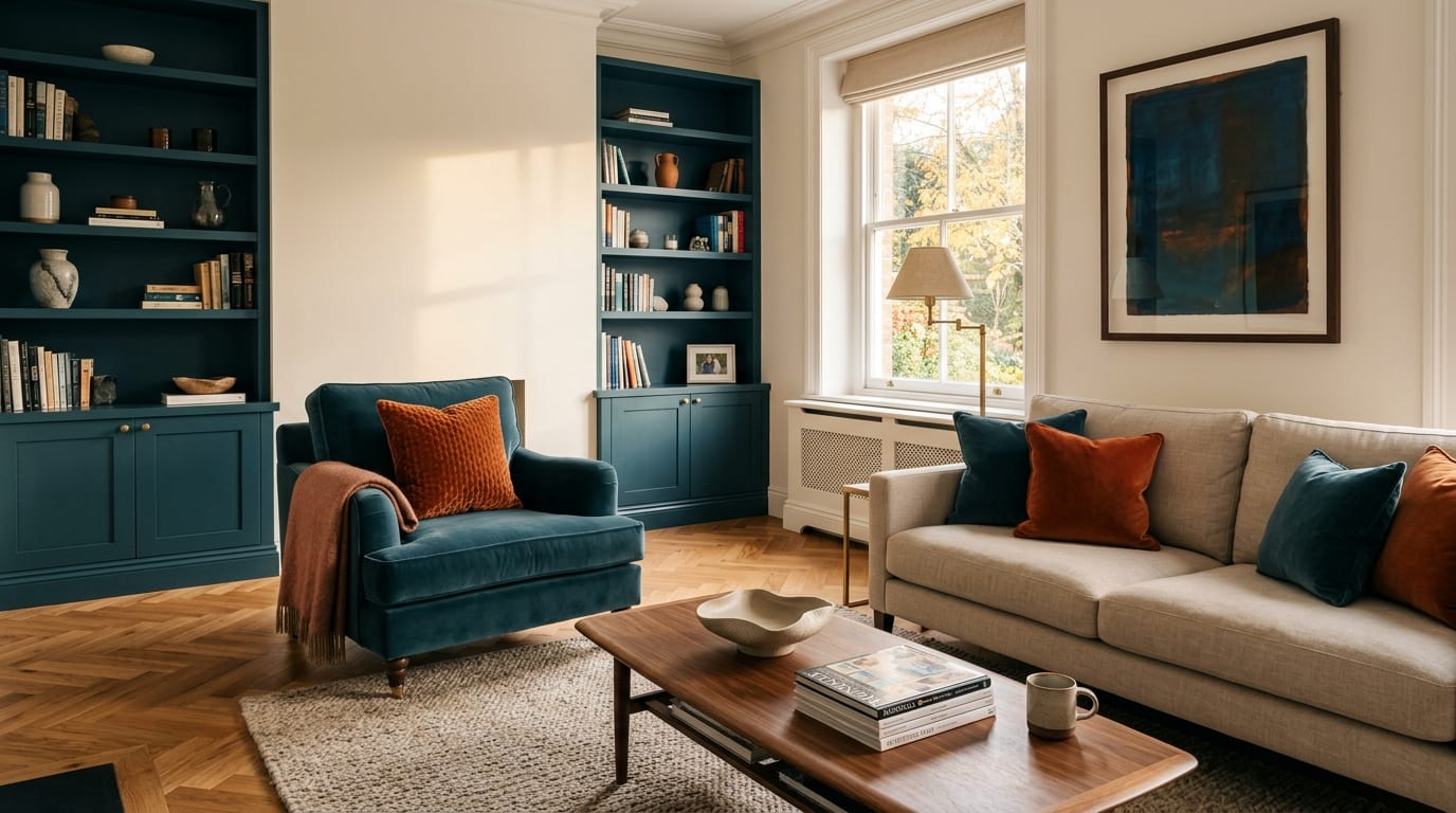 A petrol-blue fitted cabinet and armchair with burnt-orange velvet cushions — a complementary scheme