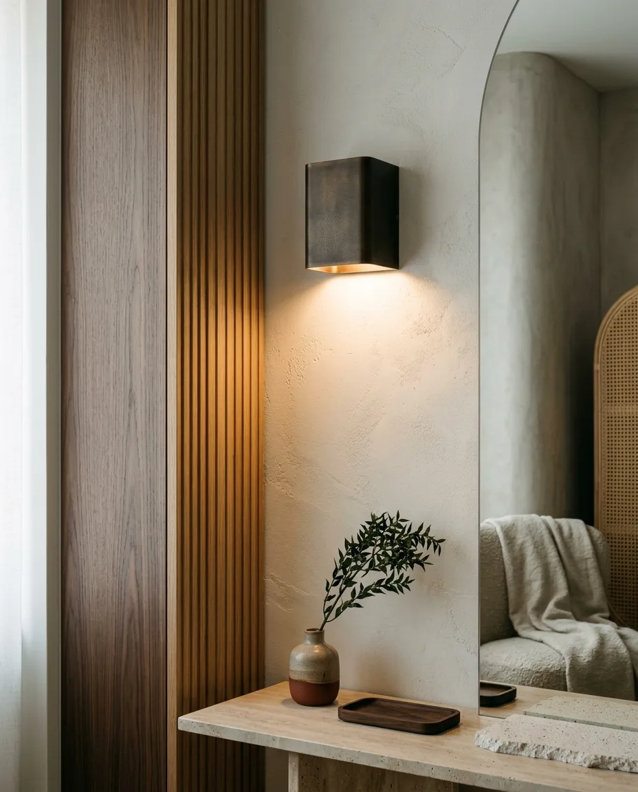 A bronze wall light at a height of 160 centimetres, with warm 2200 kelvin light