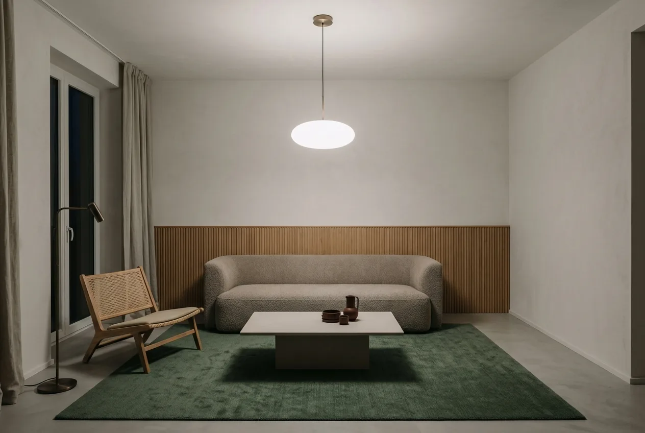 The same living room lit by a single ceiling light, for comparison