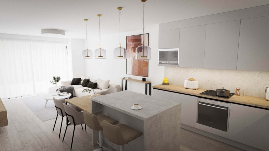 Világos, modern apartman-nappali réteges világítással