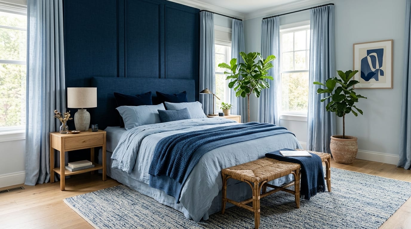 A monochromatic blue bedroom with layered textures, timber and plants