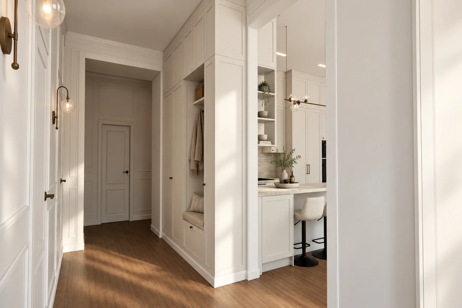 Entrance hall with framed built-in wardrobes and an upholstered seating niche