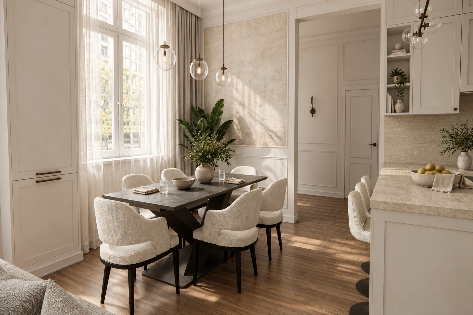 Dining area for six beside the tall window, with a dark tabletop and light upholstered chairs