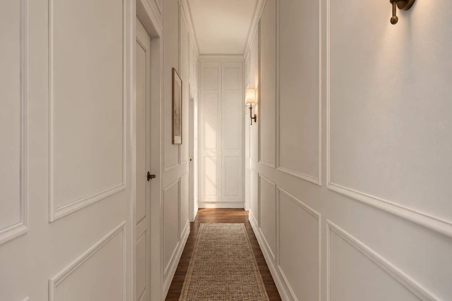 Hallway with light framed wall panels, a brown floor and bronze details