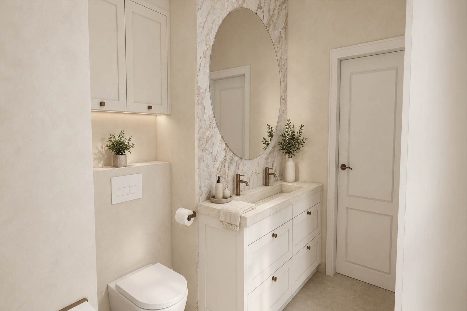 Bathroom vanity unit with two mixer taps, an oval mirror and a marble-effect band