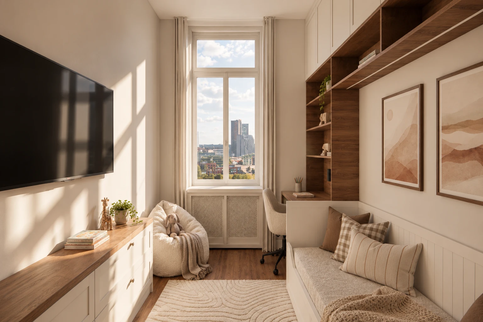 Children's room with a light daybed, brown open shelves and a desk beside the window