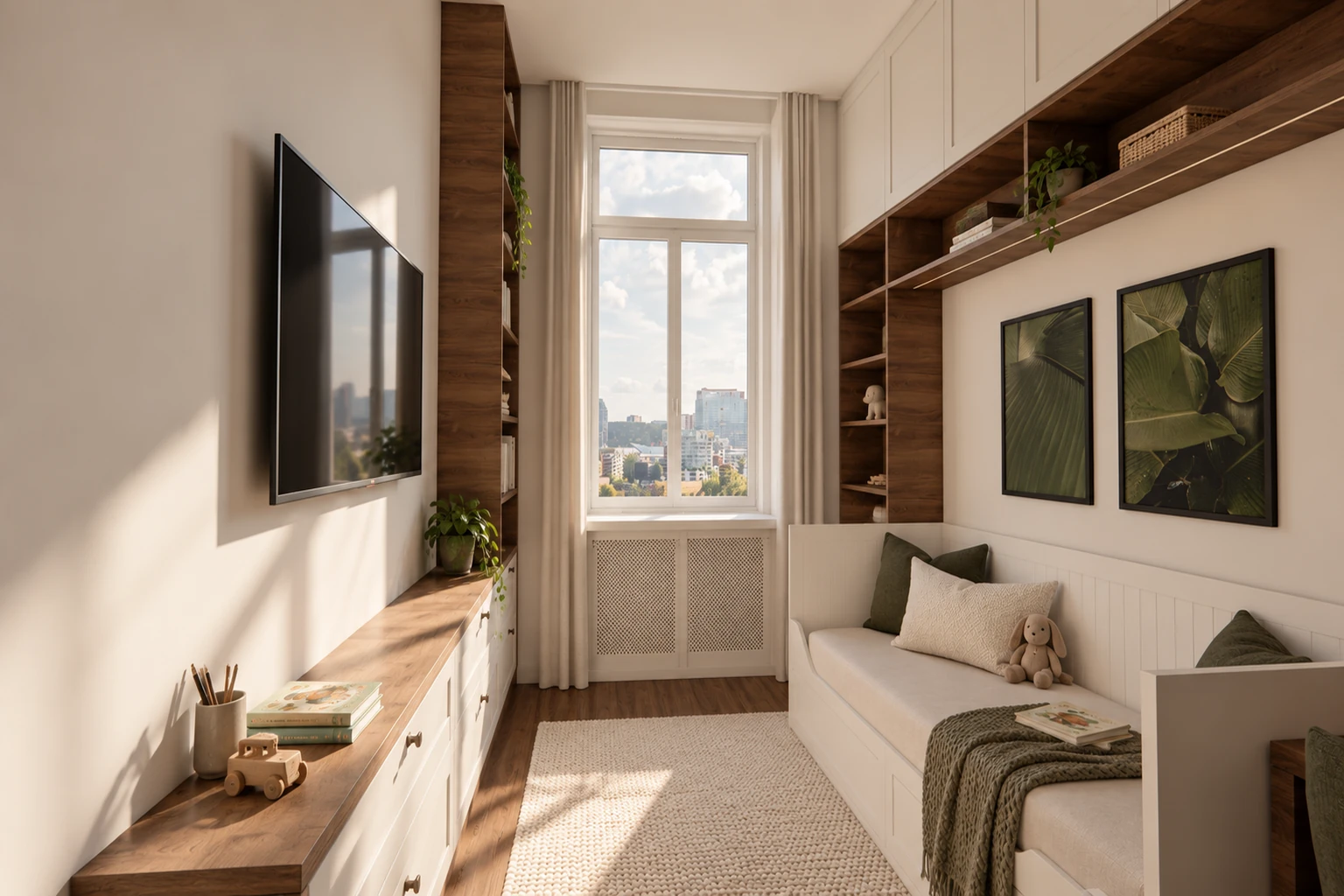Children's room with a white daybed, green cushions and botanical prints
