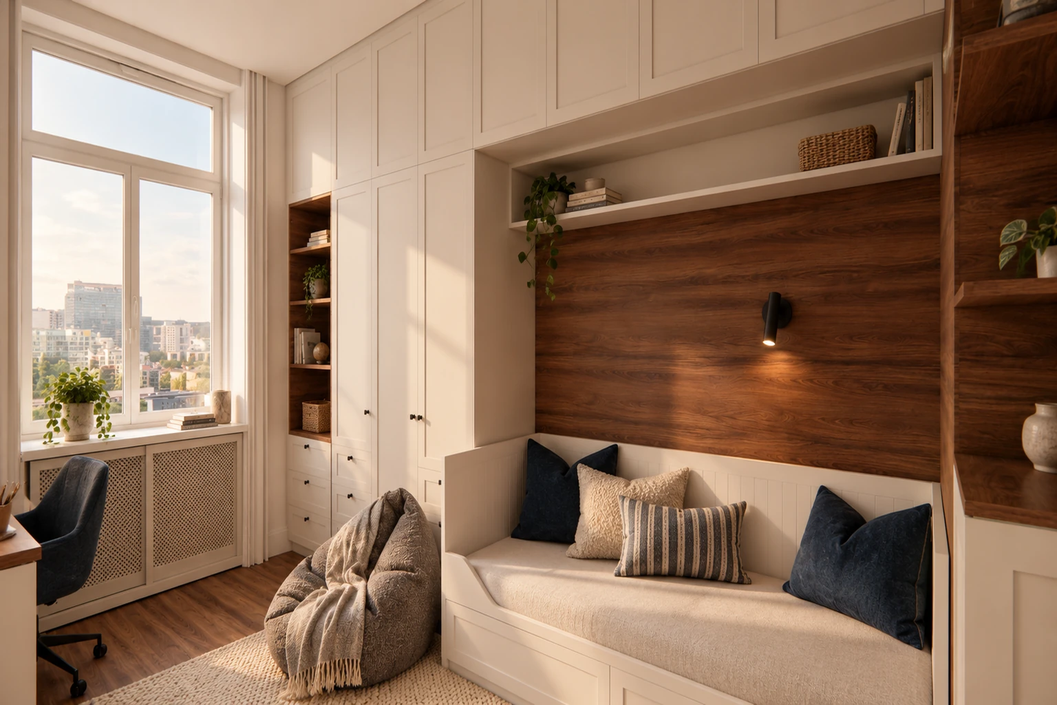 Children's room with a blue-cushioned daybed, a brown wall panel and a reading lamp
