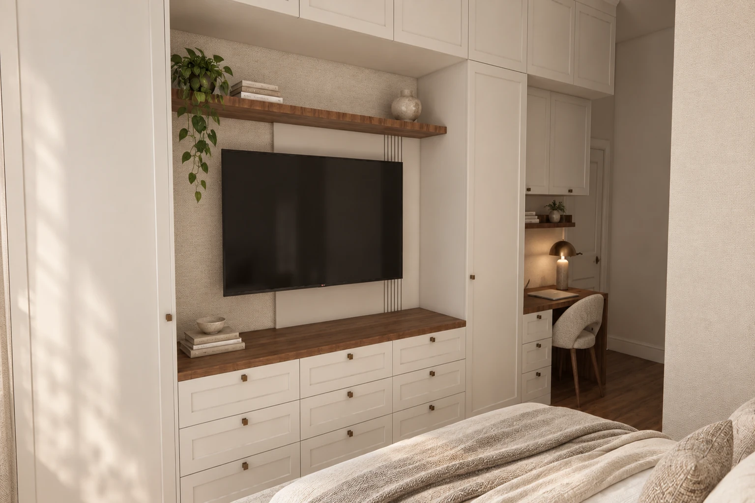 Bedroom TV wall with framed drawer units, wood-effect shelves and a desk