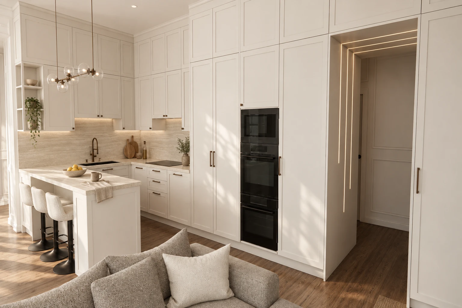 Light kitchen units with framed fronts, three built-in appliances and a peninsula