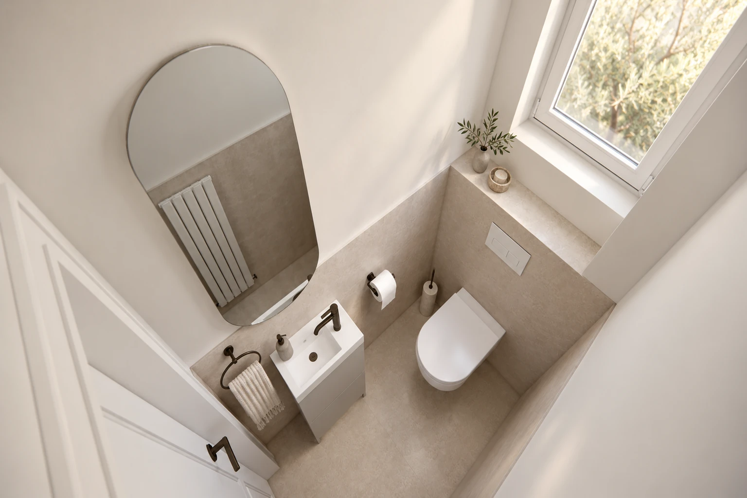 Small separate WC with a narrow vanity unit and a wall-hung toilet under the window