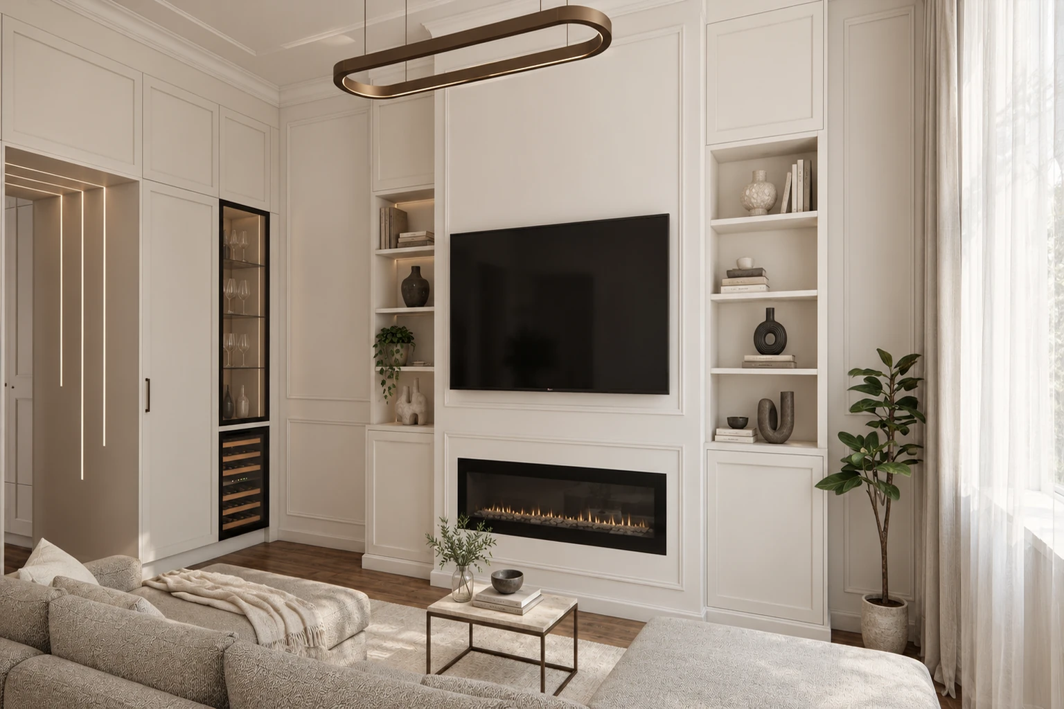 Modern classic living room with pale muted beige built-in furniture, a TV wall and a fireplace