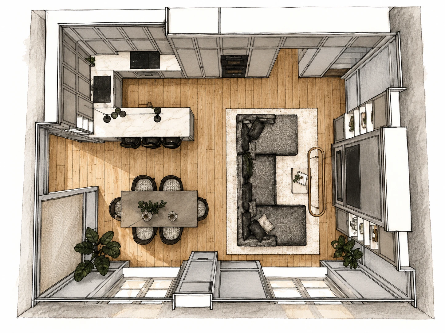 Coloured plan-view sketch of the living room, kitchen and dining area