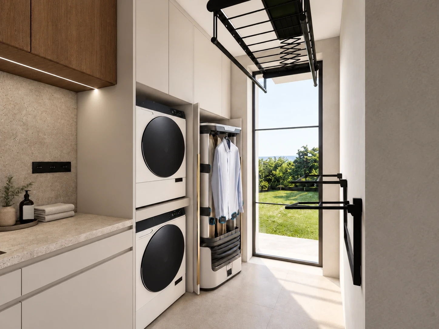 Laundry room with light tall units, a stacked washing machine and dryer, a garment steamer, a ceiling drying rack and a glass door to the garden