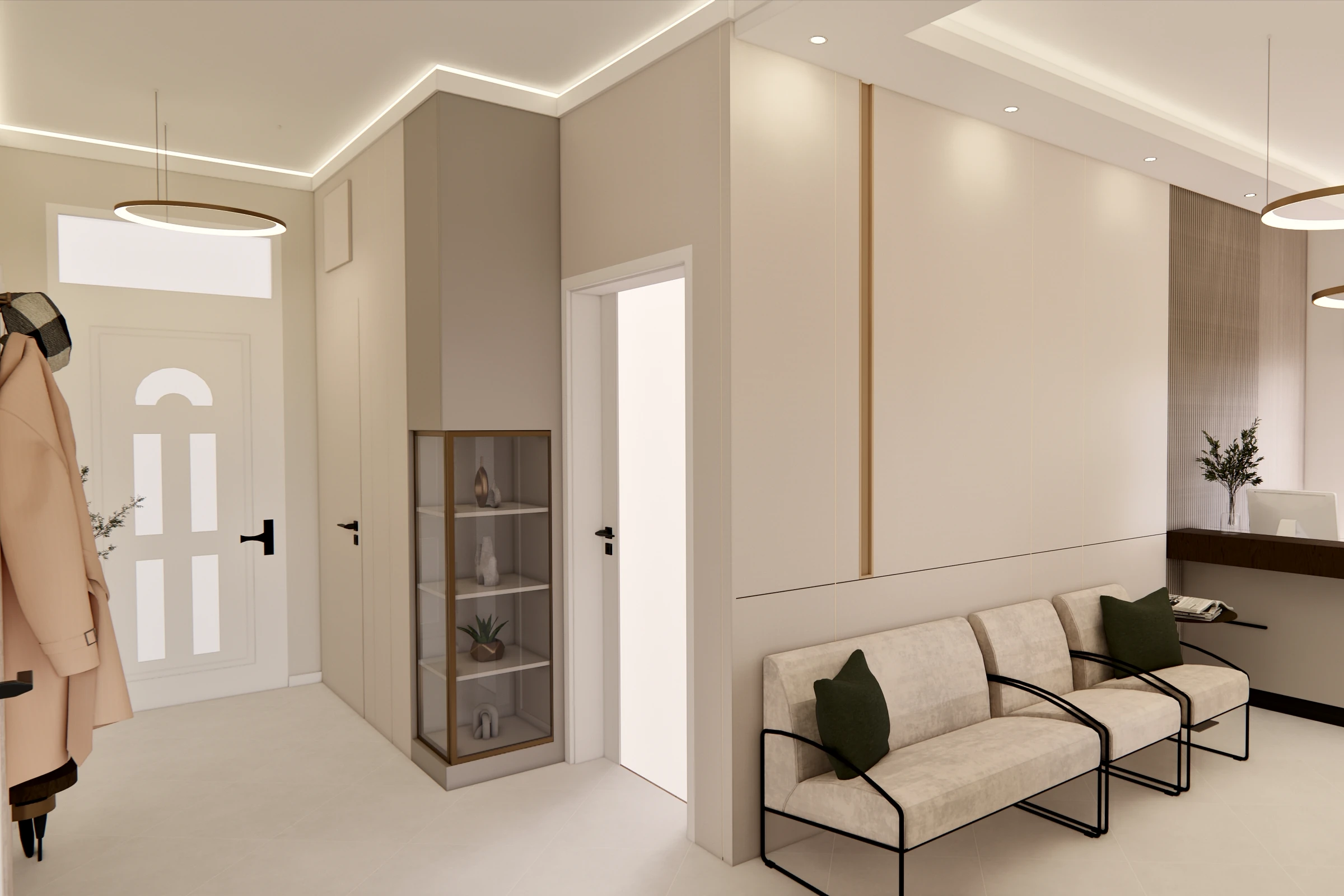 Entrance hall: the front door with a fanlight, a ring-shaped pendant light, a bronze-framed glass display cabinet, and, on the right, light wall panels with a bronze band and waiting room chairs