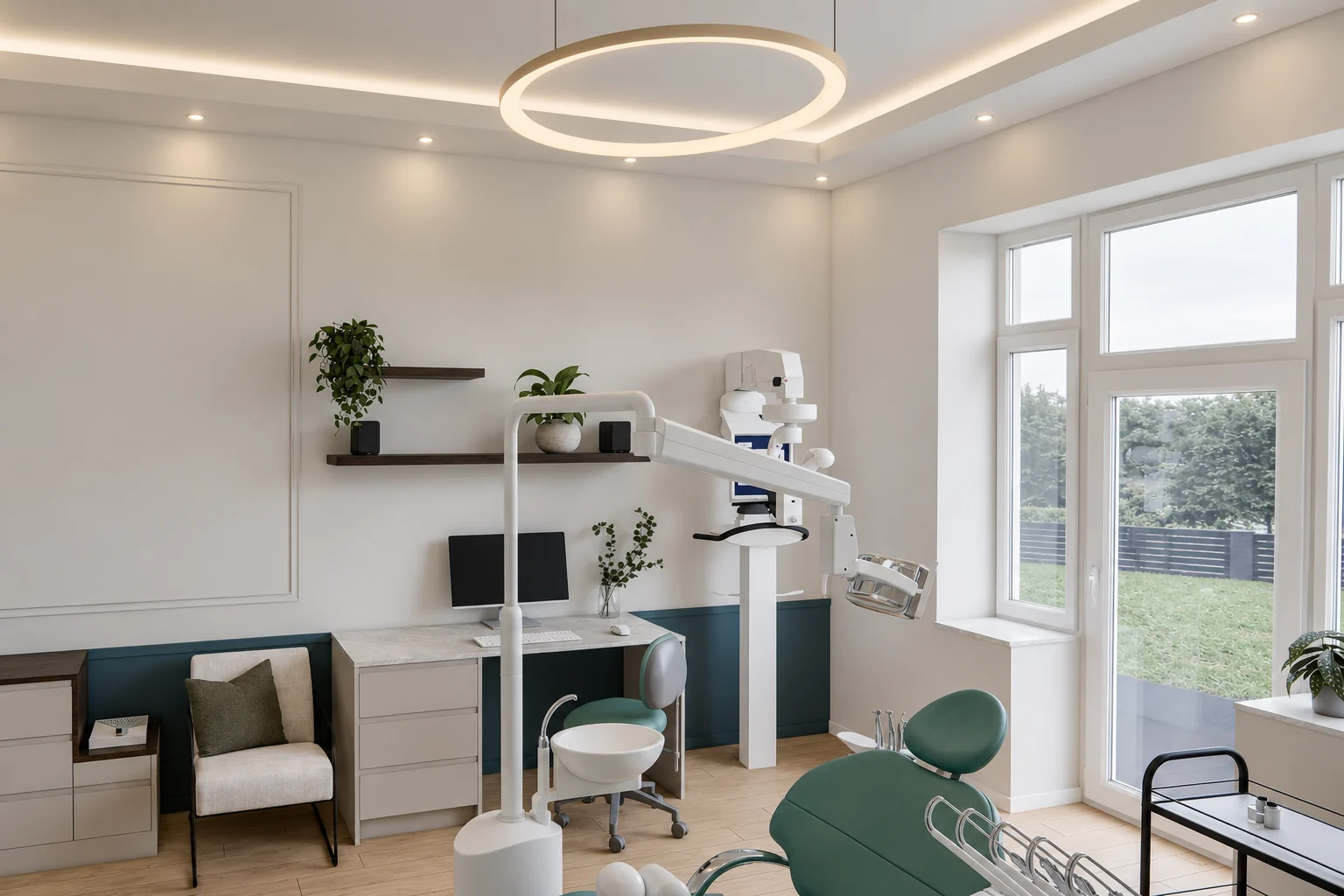 The treatment room with the green chair, looking towards the large windows: a ring-shaped pendant light, a stucco-framed wall panel, black wall shelves, a desk, an armchair and a teal dado