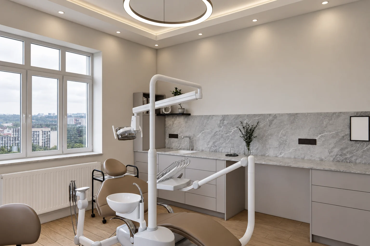 Treatment room looking towards the worktop: a run of drawer units along the back wall with a stone worktop, splashback and basin, and a tall cabinet with open shelves in the corner