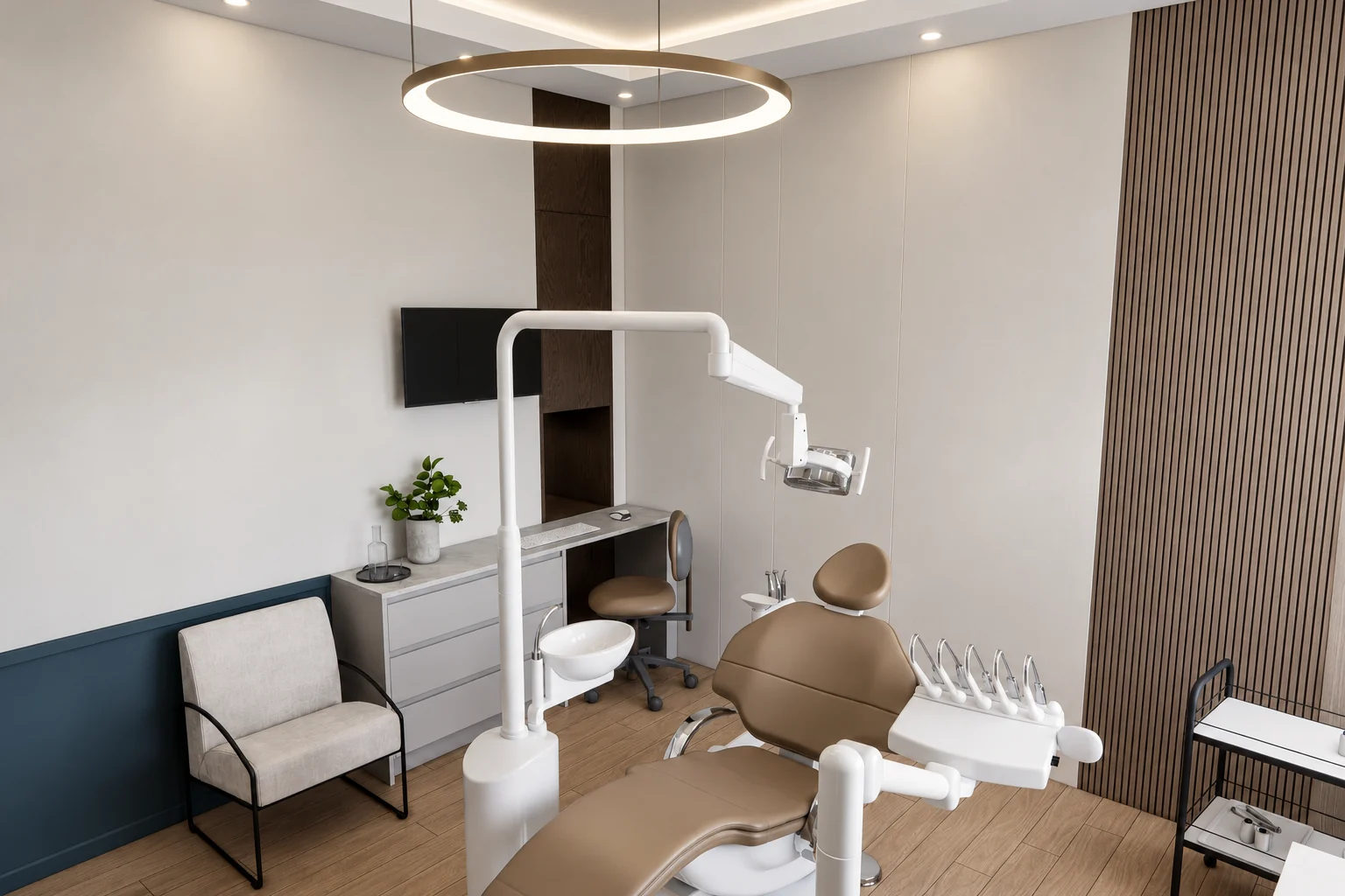Treatment room with a drawer cabinet and a desk, a wall-mounted screen above them, a ceiling-height dark wood unit beside the screen and slatted wall cladding on the right