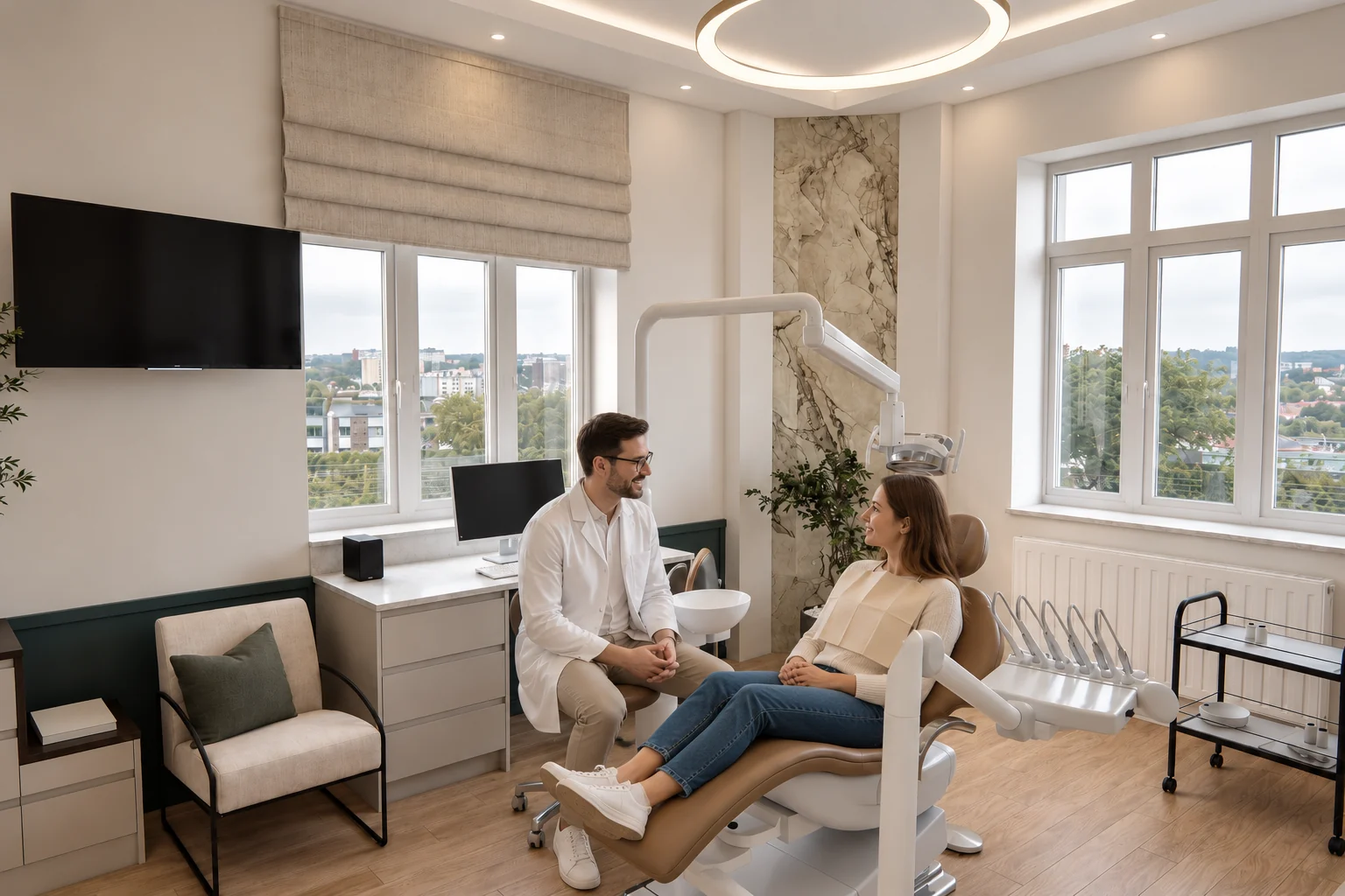 Lifestyle image of a treatment room: the dentist talking with the patient beside the dental chair