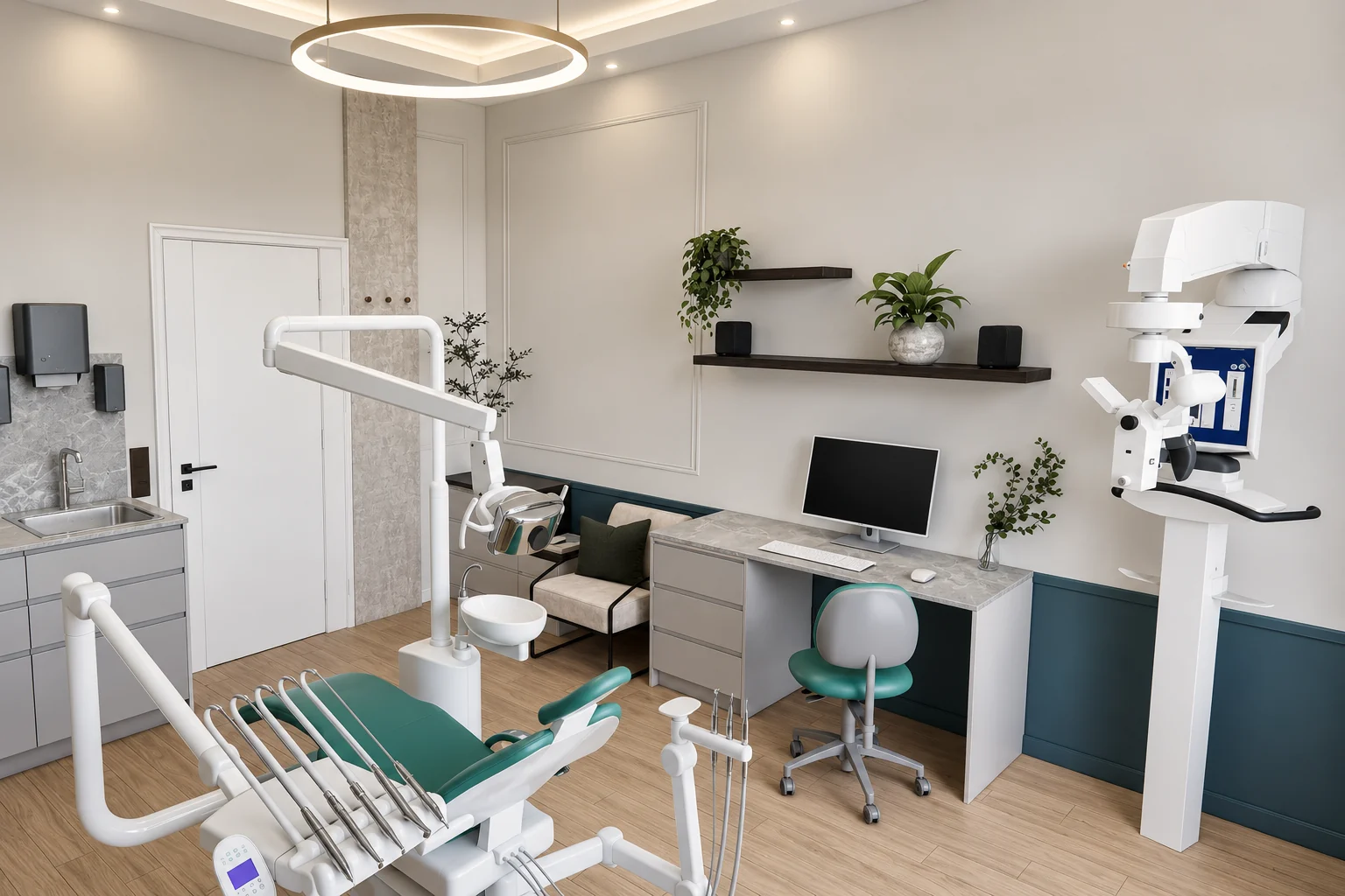 Treatment room with a green dental chair, a run of cabinets with a basin, a desk, a stucco-framed wall panel and a panoramic X-ray unit