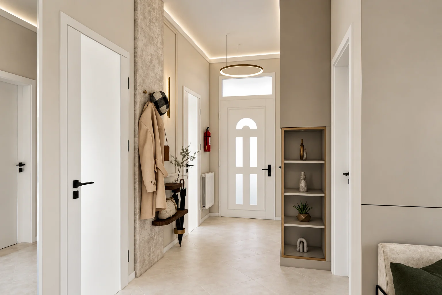 Entrance hall looking towards the front door: white doors on both sides, coat hooks on a textured strip of wall, a ring-shaped pendant light and a light strip on the ceiling, and a bronze-framed display cabinet on the right
