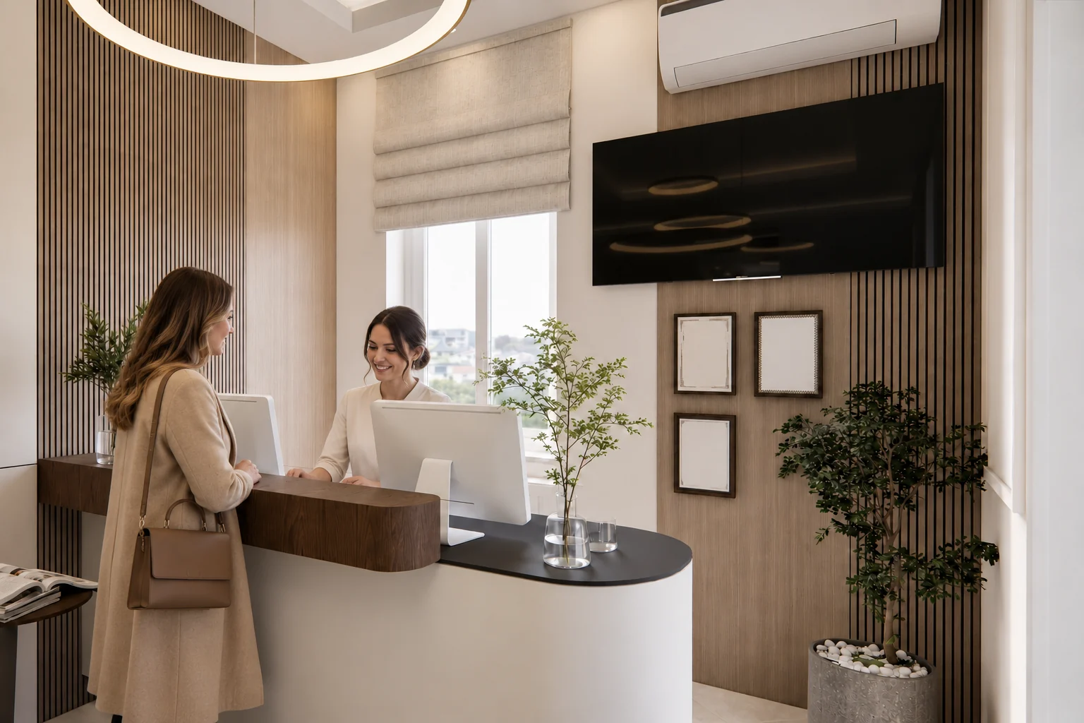 Lifestyle image of the reception: the assistant behind the desk and a patient in front of it