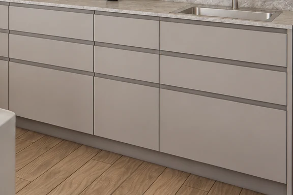 Light grey handleless drawer fronts with a horizontal grip profile, with a light stone worktop and basin above them