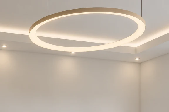 Ring-shaped pendant light with a bronze rim below the treatment room ceiling, with a concealed light strip and recessed spotlights behind it