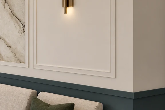 Where a stucco-framed wall panel meets the teal dado in the waiting room, with the backs of the waiting room chairs in front