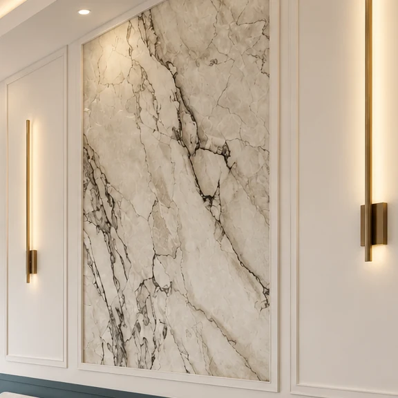 Marble-effect ceramic wall panel in a stucco frame, with a narrow vertical bronze wall light on each side
