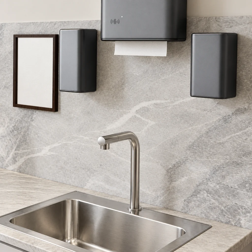 Light sintered stone splashback and worktop with a built-in basin and a tall mixer tap; above, wall-mounted dispensers and an empty wooden frame