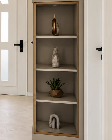 Narrow, bronze-framed glass display cabinet with shelves in the entrance hall