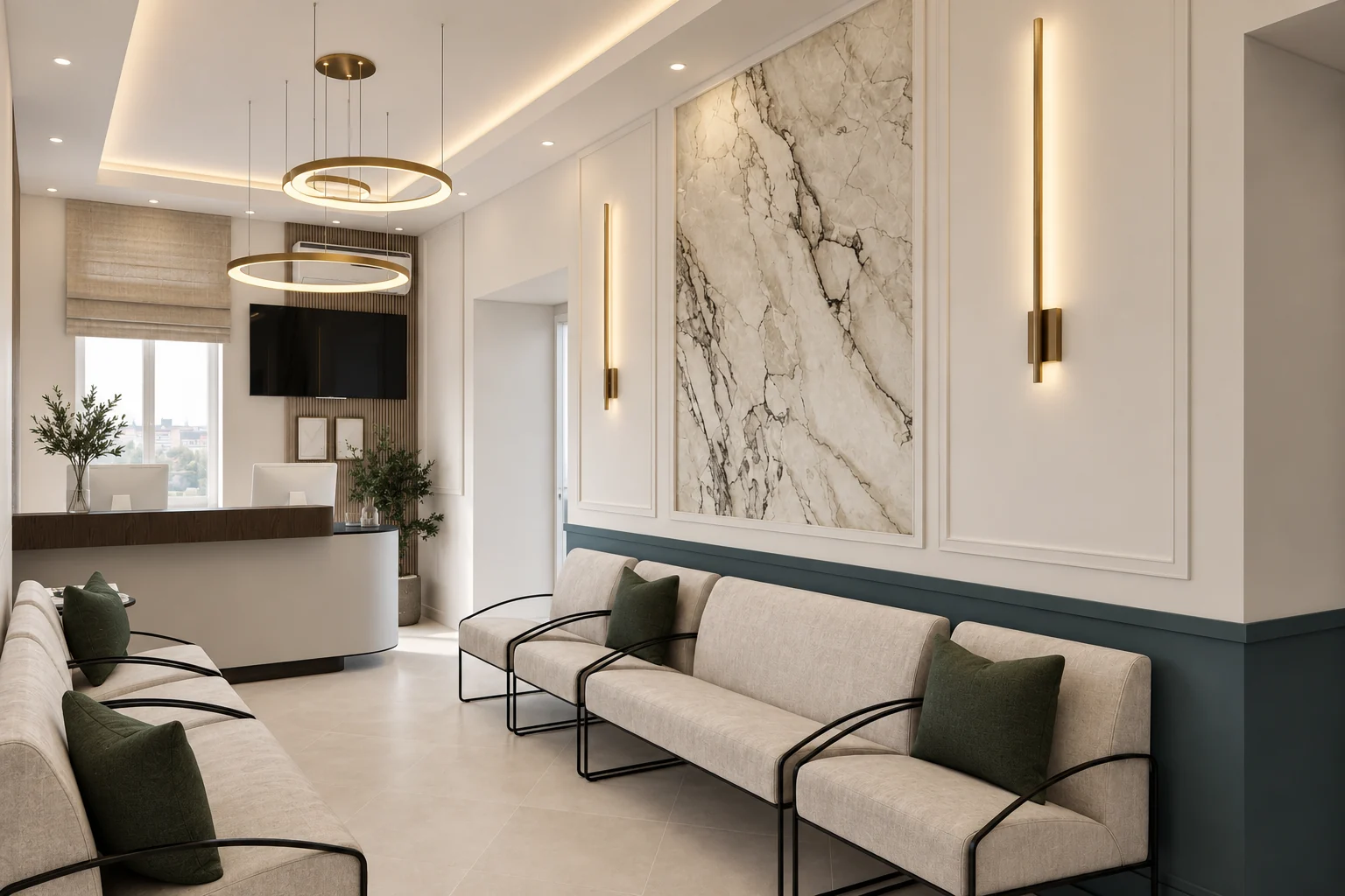 Waiting room with a marble-effect ceramic panel, bronze wall lights, a teal dado and waiting room chairs, with the reception desk and ring-shaped pendant lights in the background