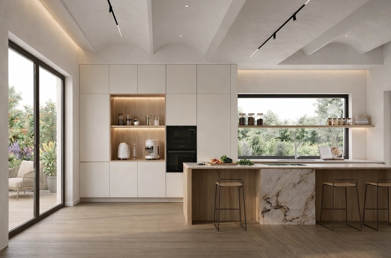 Kitchen with a run of handleless matt cream-white cabinets, a lit wooden niche, a strip window facing the garden and a marble kitchen island
