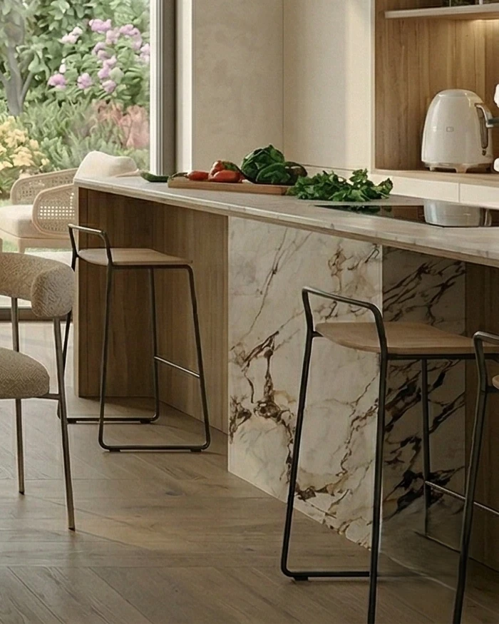 Dramatically veined marble kitchen island with a wood-clad section, and bar stools with slim metal frames and wooden seats in front of it