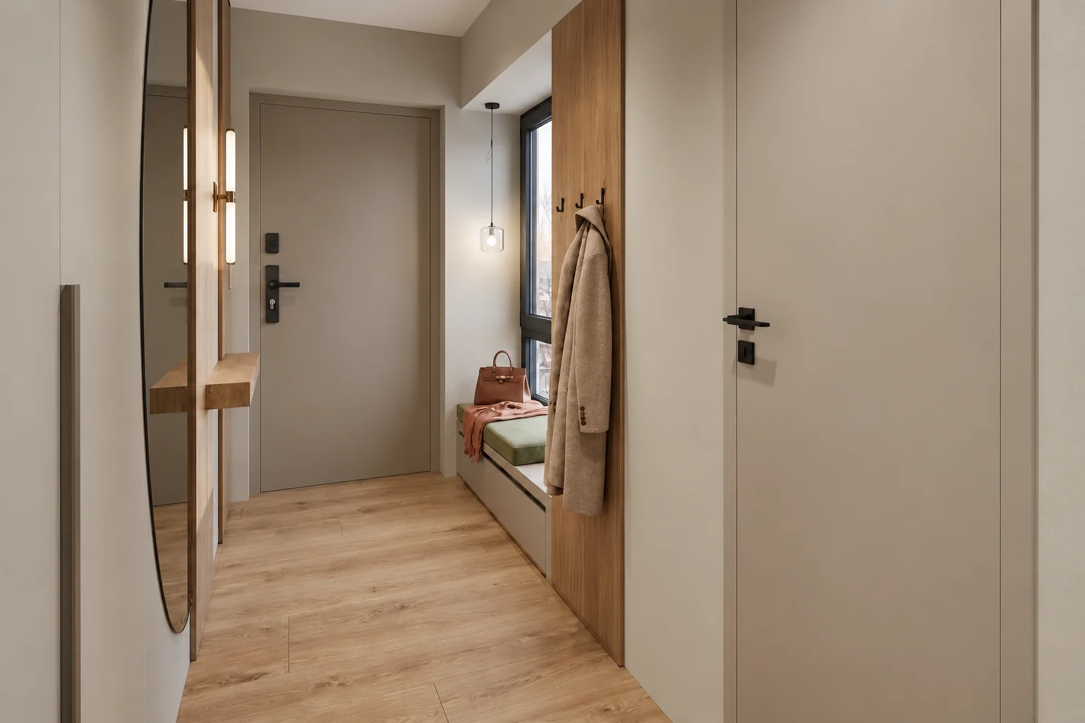 Entrance hall with the front door, wall hooks and a bench with green upholstery