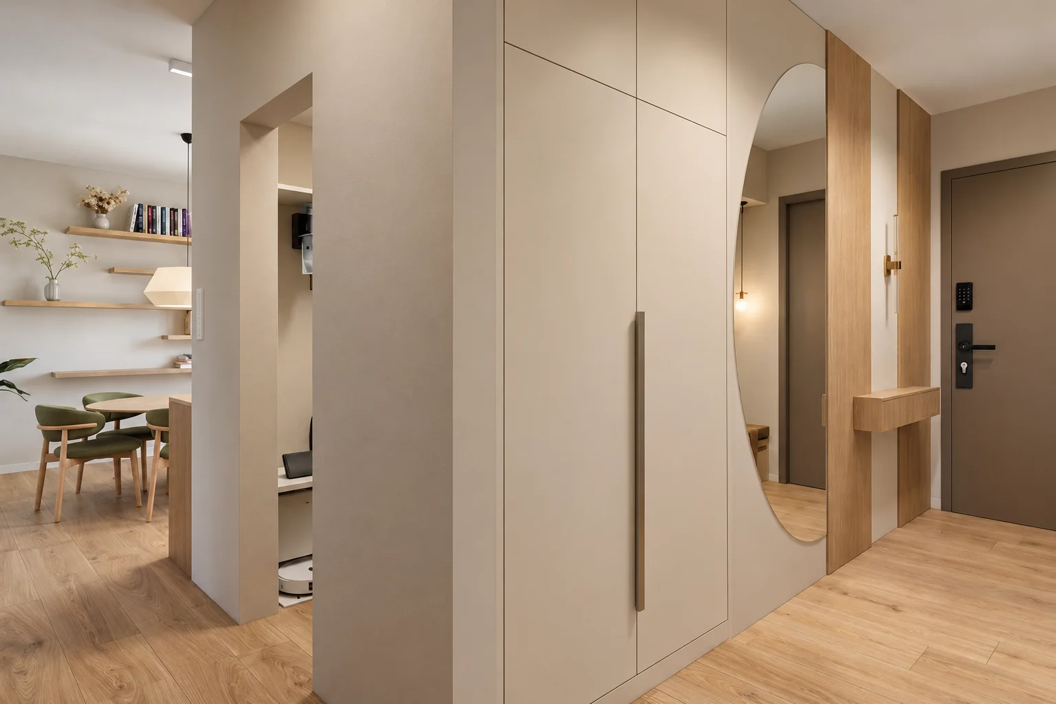 Entrance hall with a cream built-in wardrobe with a long handle and an oval mirror on oak cladding