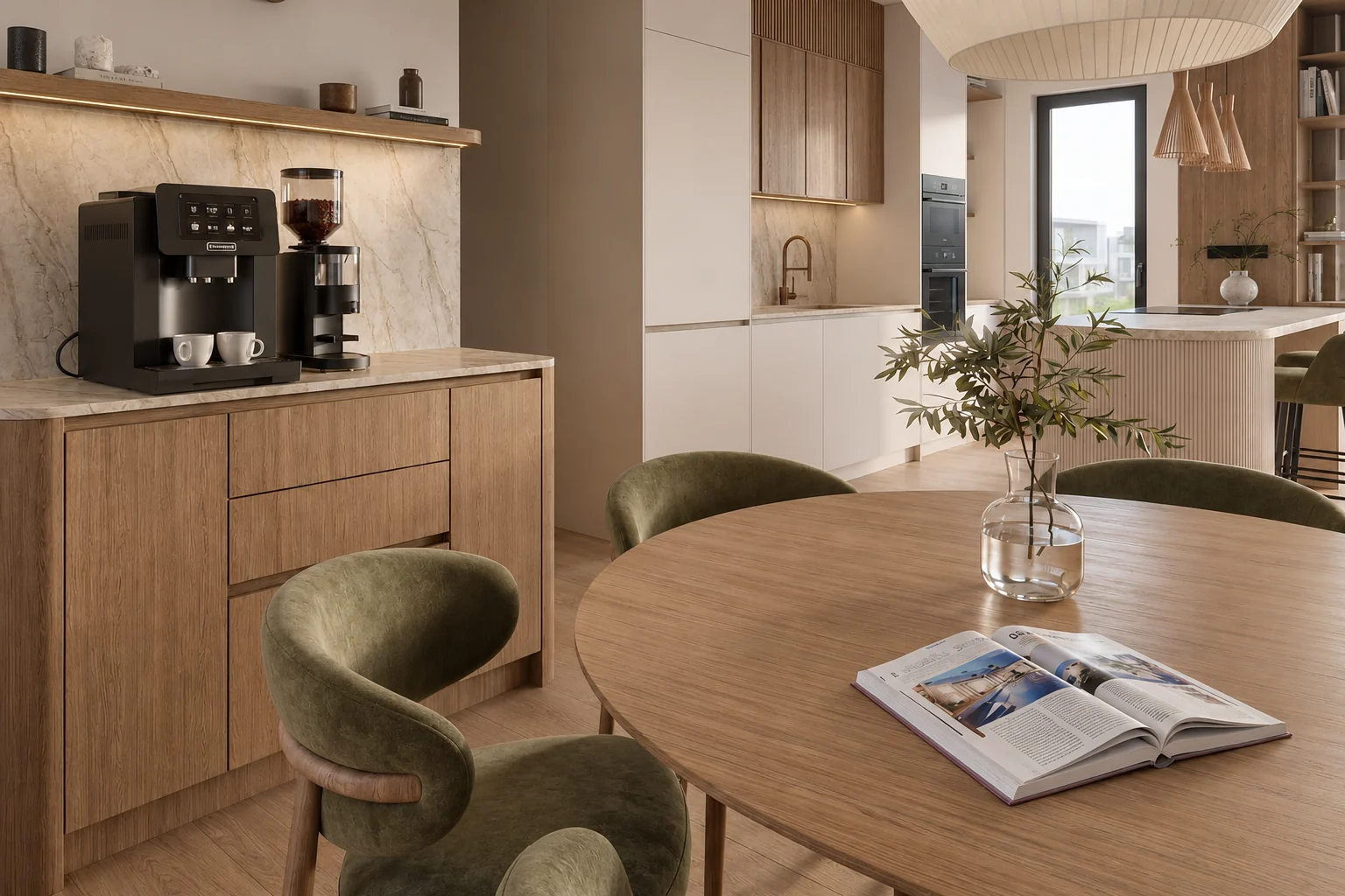 Coffee station with an oak cabinet and a stone-effect splashback, with a round oak table and moss green chairs in front