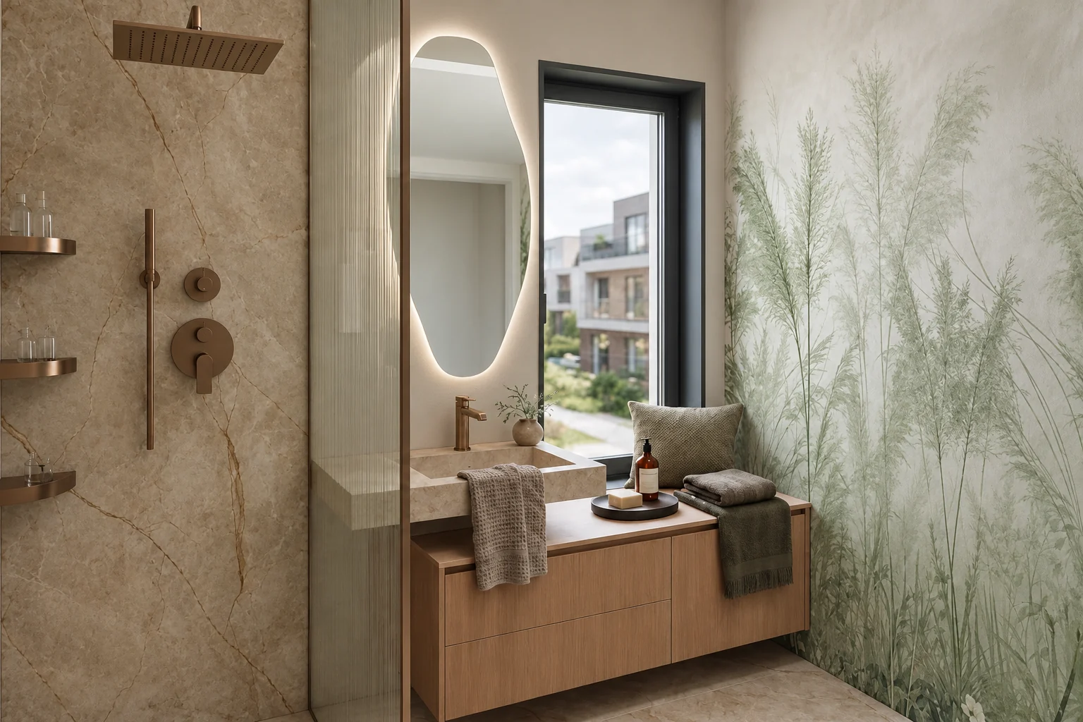 Bathroom with a marble-veined shower wall, copper-coloured fittings, a backlit oval mirror and a grass-pattern wallpaper