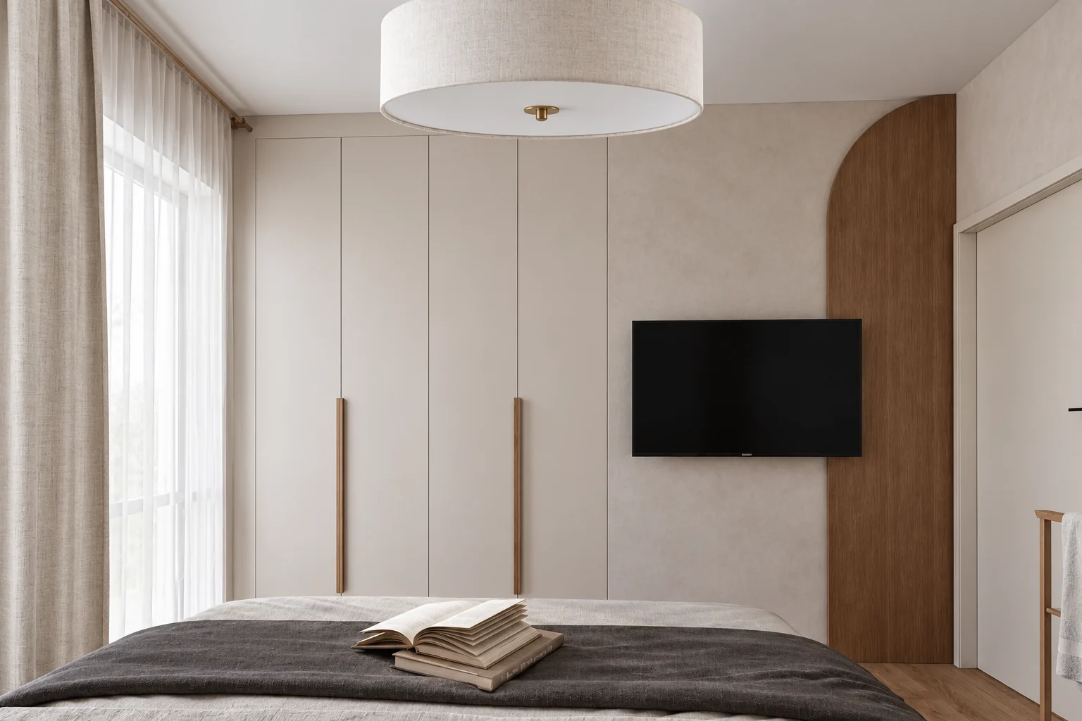 Bedroom with a cream built-in wardrobe, a wall-mounted TV and curved oak cladding