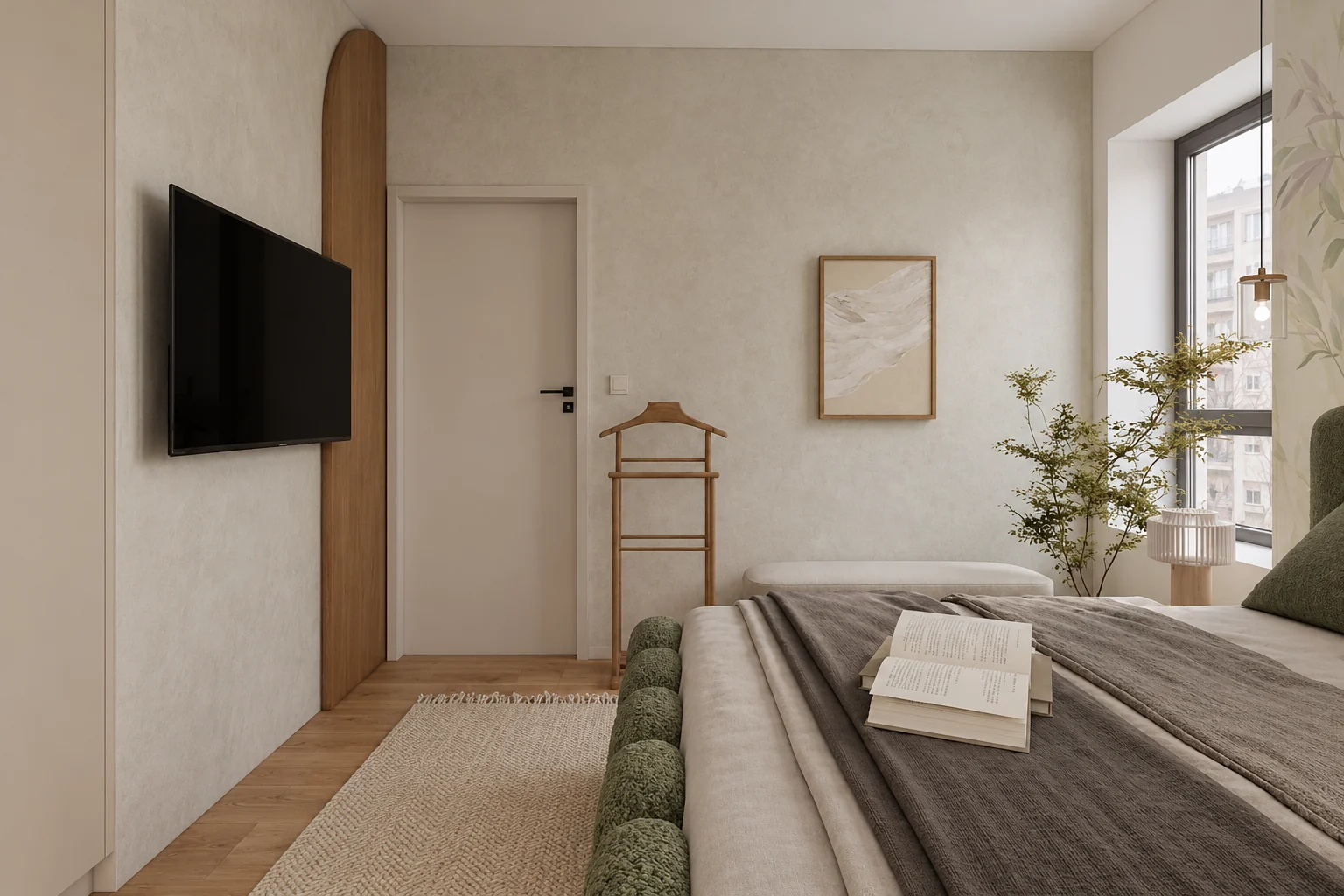 Bedroom TV wall with curved oak cladding, a door and a valet stand