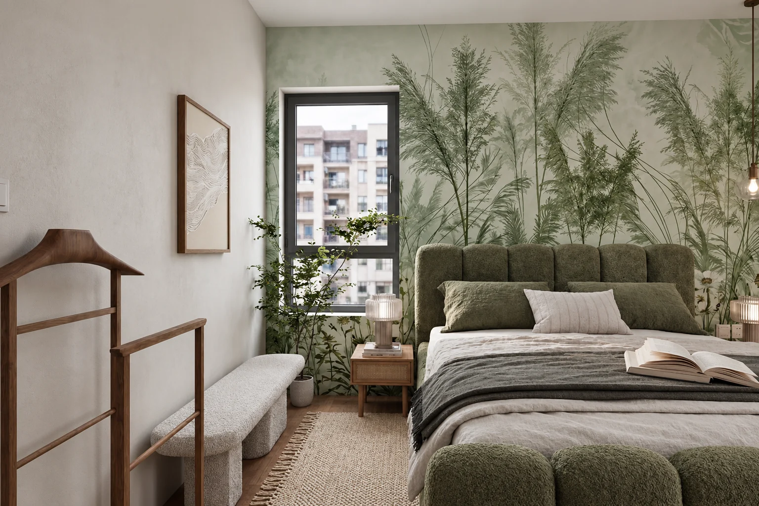 Bedroom with a green upholstered bed, a green grass-pattern wallpaper, a valet stand and a bench