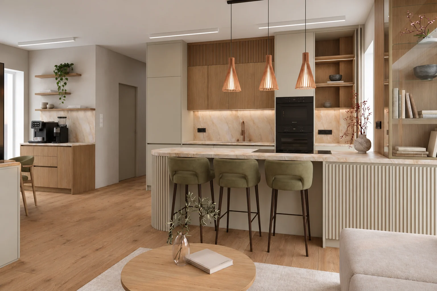 Kitchen with a rounded island with a ribbed front, olive green bar stools and copper pendants