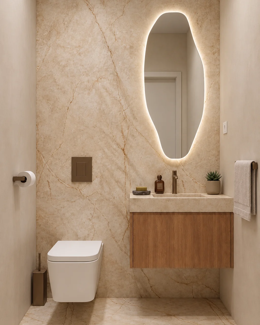 Washroom with marble-veined tiling, a backlit organic mirror, a floating oak vanity unit and a wall-hung WC