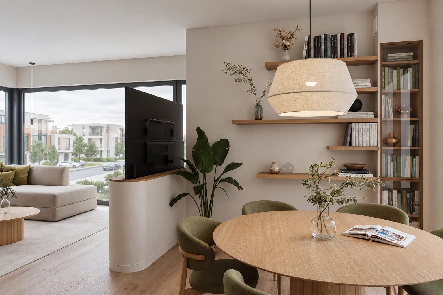 Living and dining area with a round oak table, moss green chairs, a low curved TV wall and wall shelves