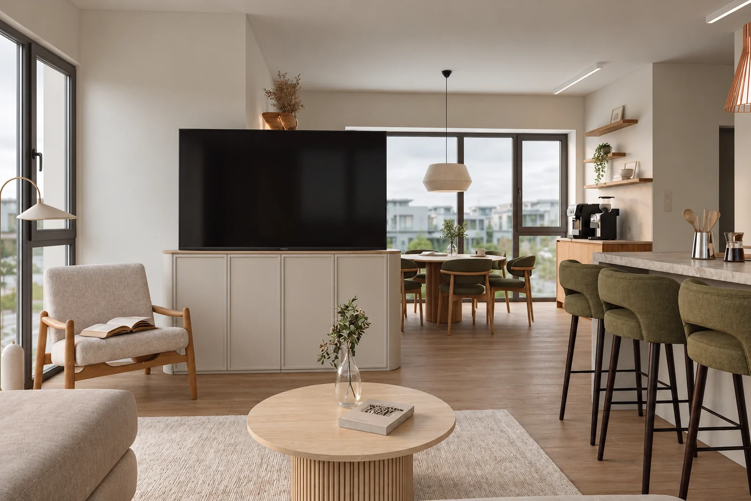 Living room with a low, rounded TV wall, an armchair and a round coffee table, with the kitchen island in the background