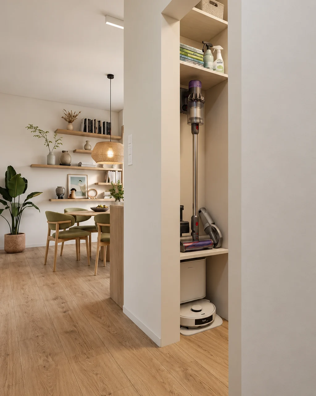 Household storage niche in the wall with shelves, a robot vacuum and a cordless vacuum